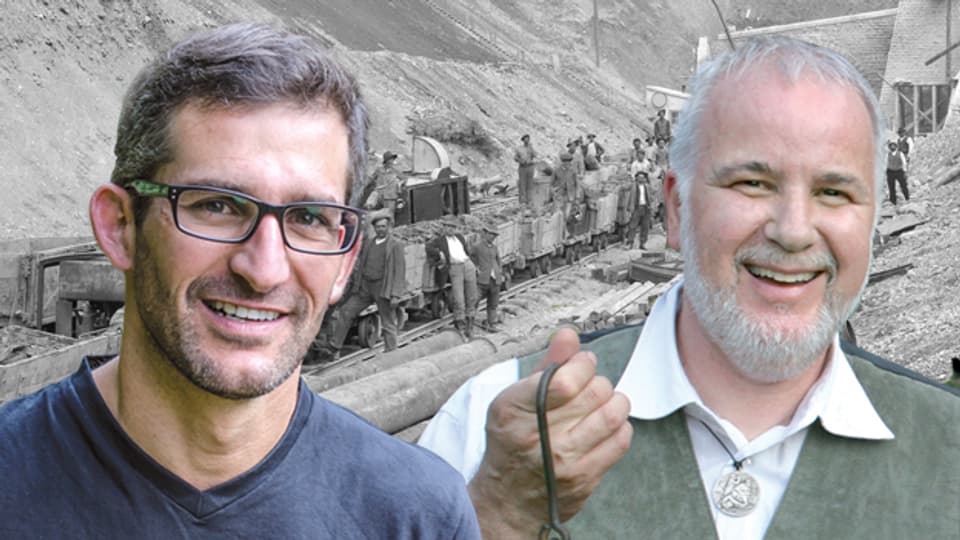 Heinz Spinnler und Luigi Coletti vor Schwarz-Weiss-Bild des Tunnels.