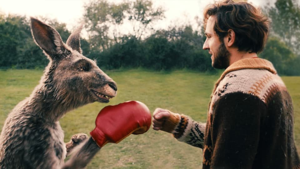 Filmszene: Ein Känguru mit Boxhandschuh und ein Mann in Strickjacke schlagen die Fäuste aneinande rund grinsen.