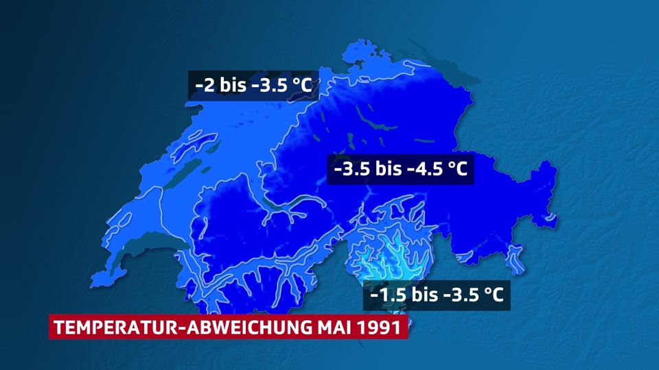 Schweizkarte, Temperaturabweichung flächig farbig blau dargestellt,  für den sehr kühlen Mai 1991.