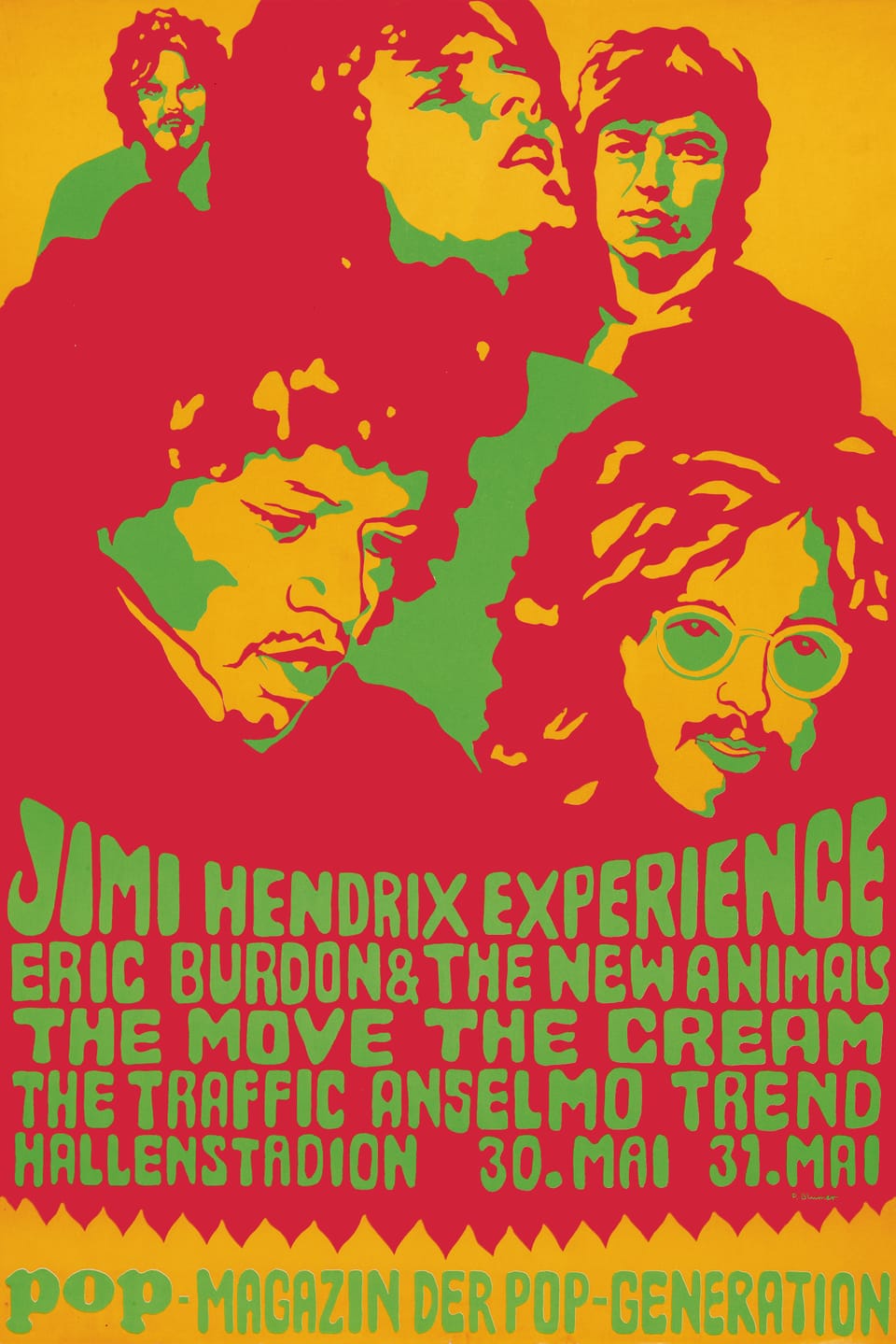 Buntes Poster im Stil der Pop-Art, auf dem unter anderen Jimi Hendrix abgebildet ist.