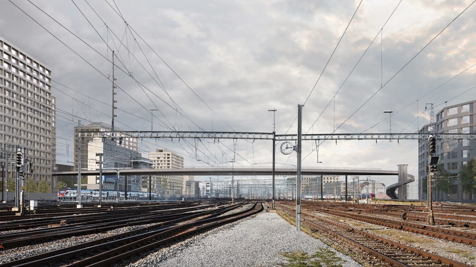 Eine Brücke die über das Zürcher Gleisfeld führt 