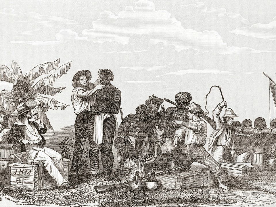 Eine alte Zeichnung vom Sklavenhandel in Afrika.