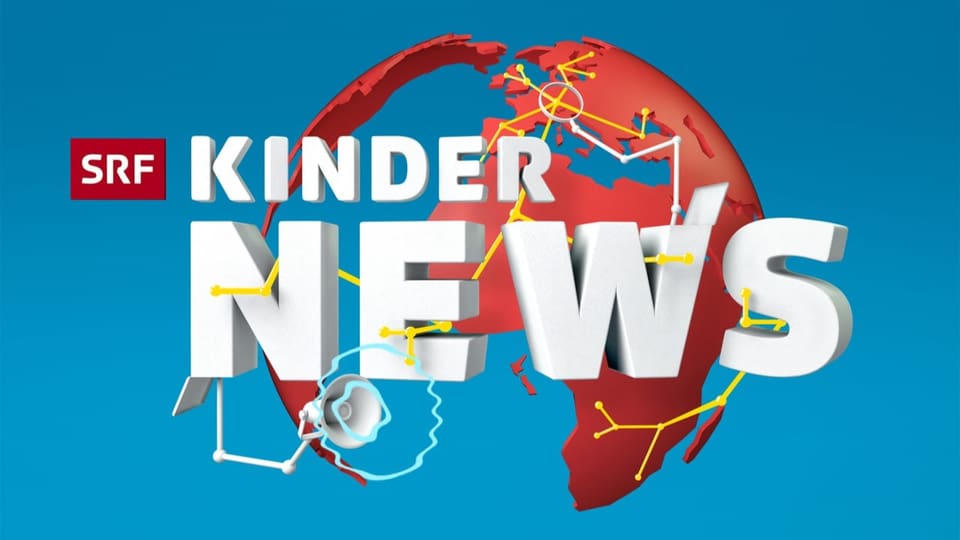 Logo von «SRF Kinder-News»: Blauer Hintergrund mit einem Globus davor und der Überschrift «SRF Kinder-News»  