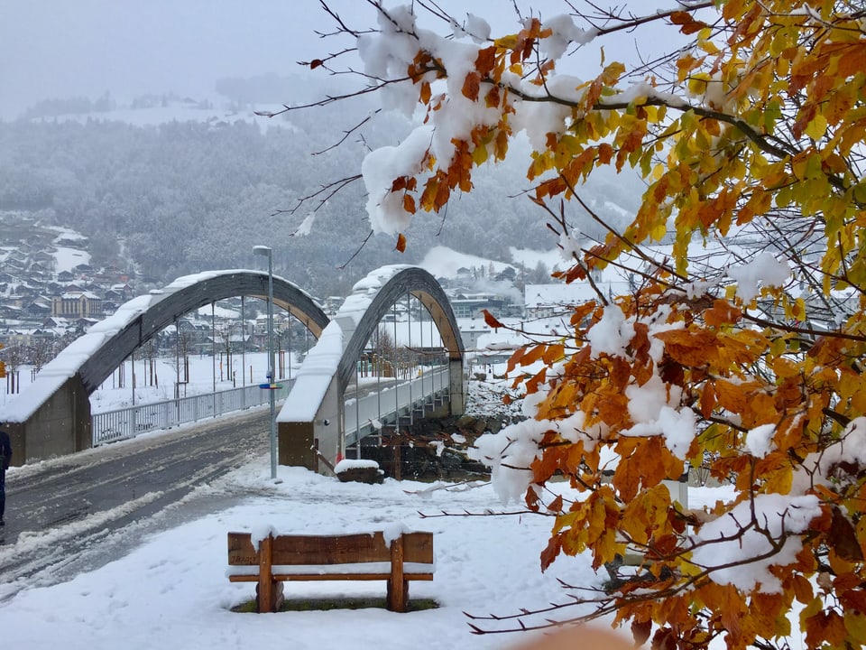 Neuschnee auf Brücke, Bänkli und Herbstbaum.