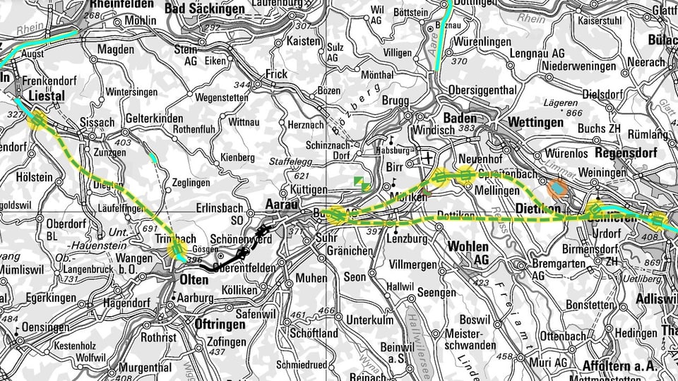 Plan der5 Region zwischen Basel und Zürich mit verschiedenen möglichen Tunnels