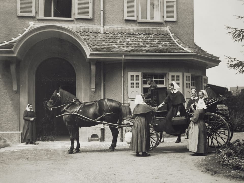 Pferd mit Kutsche hält vor dem Eingang des Diaconis-Hauses in Bern