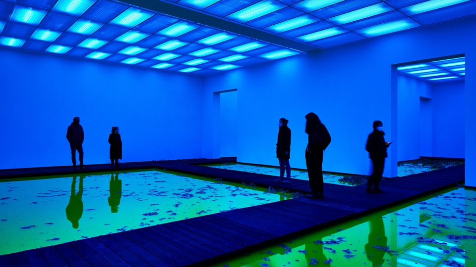 Mehrere Personen in einem blauen Ausstellungsraum mit Wasser am Boden