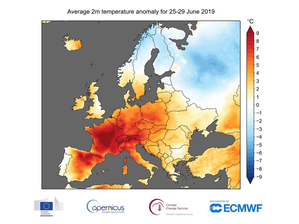 Europäische Temperaturabweichungen während der Hitzewelle Ende Juni 2019.