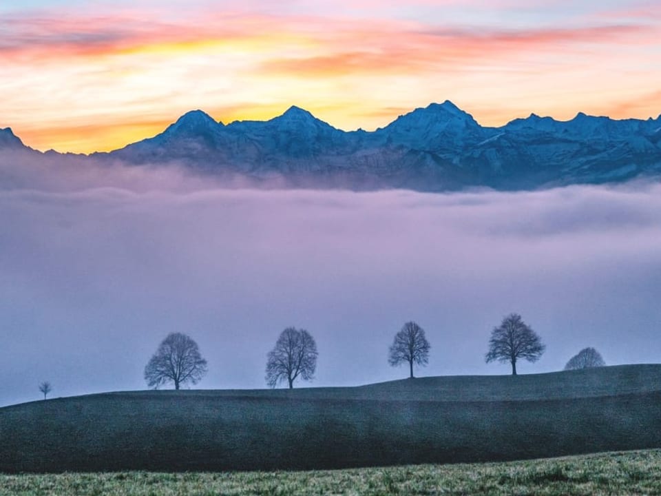 Nebel unten, oben farbiger Morgenhimmel mit Bergen