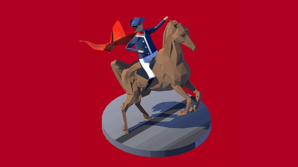 Ein Feldherr reitet auf einem Pferd, die Kleidung ist an die von Napoleon angelehnt. Der Hintergrund ist ein leuchtendes Rot.