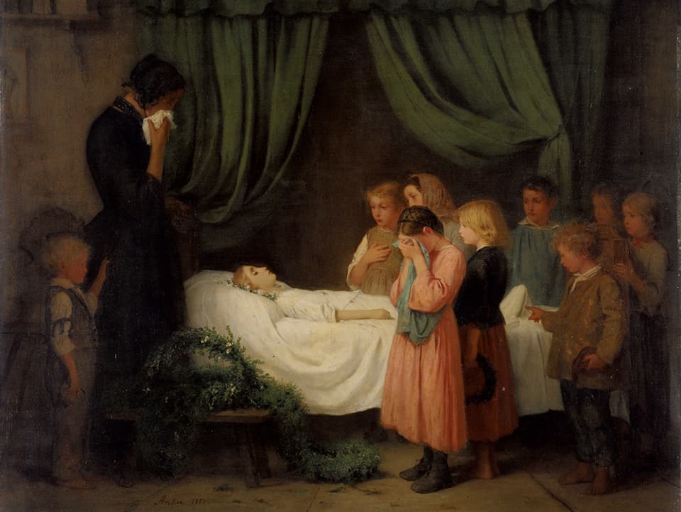 Gemälde: Kinder stehen weinend um das Totenbett eines Mädchens.