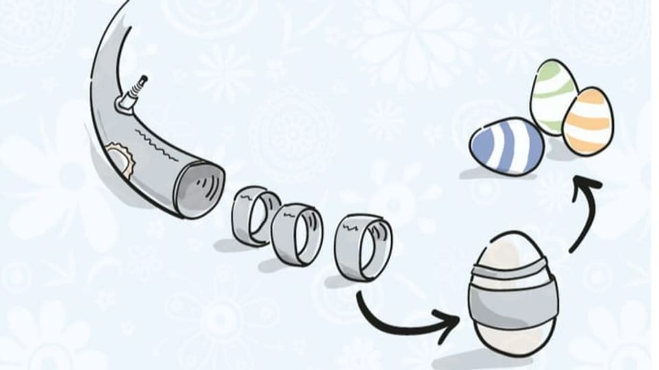 Grafik, wie ein Veloschlauch zum Eierfärben genutzt werden kann.