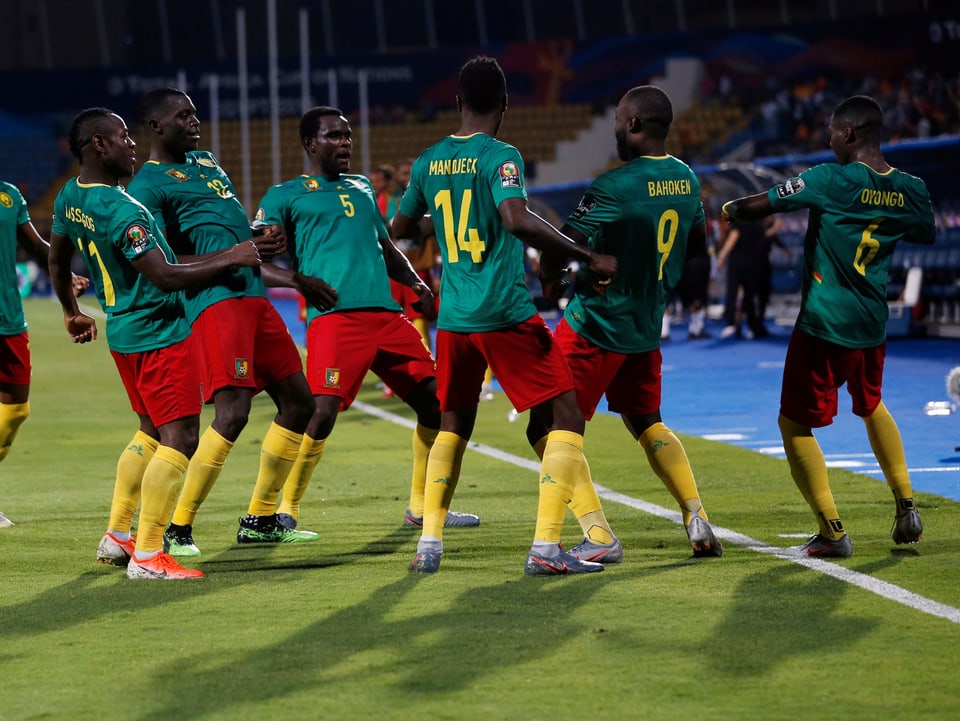 Die Kameruner bejubeln einen Treffer.