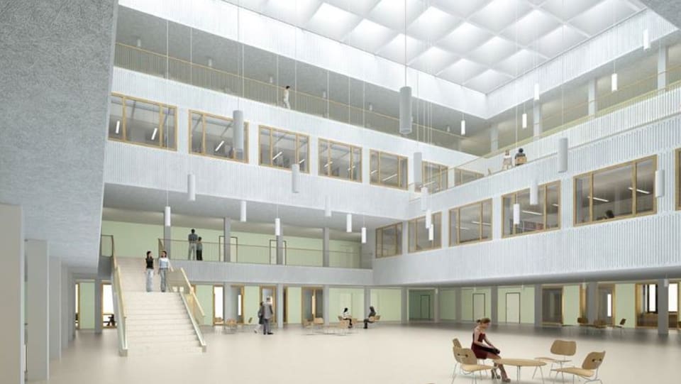 Visualisierung des Atriumhofes vom Gym Bäumlihof zeigt Galerien und verglastes Oberlichtdach.