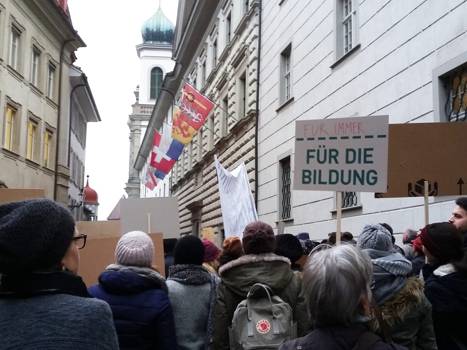 Demonstrierende stehen mit Transparenten vor dem Luzerner Regierungsgebäude.