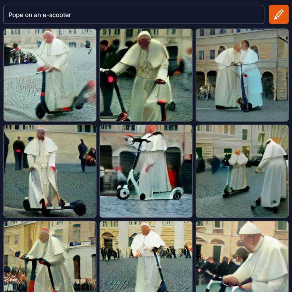 Computergeneriertes Bild des Papstes auf einem E-Trottinett.