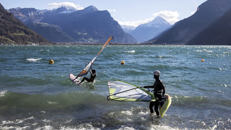 Mehrere Surfer sind bei windigen Verhältnissen auf dem Urnersee