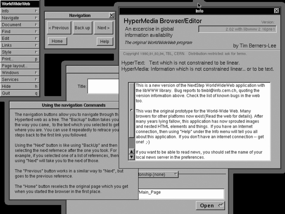 Screenshot des ersten Browsers WorldWideWeb von Tim Berners-Lee