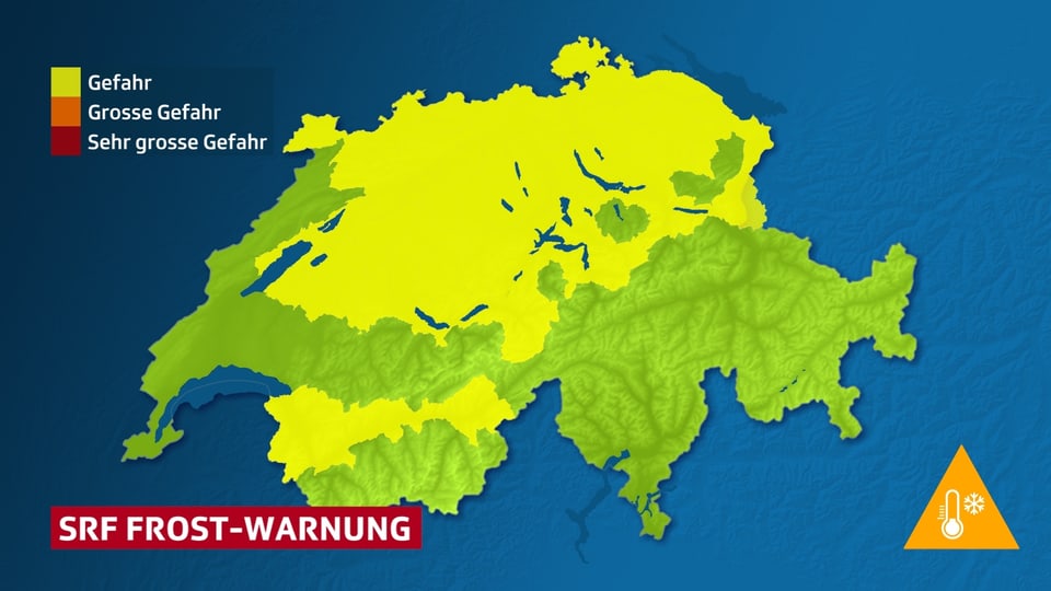 Flächige Darstellung der Bodenfrostgefahr(gelb), am Freitagmorgen, auf einer Schweizkarte(grün).