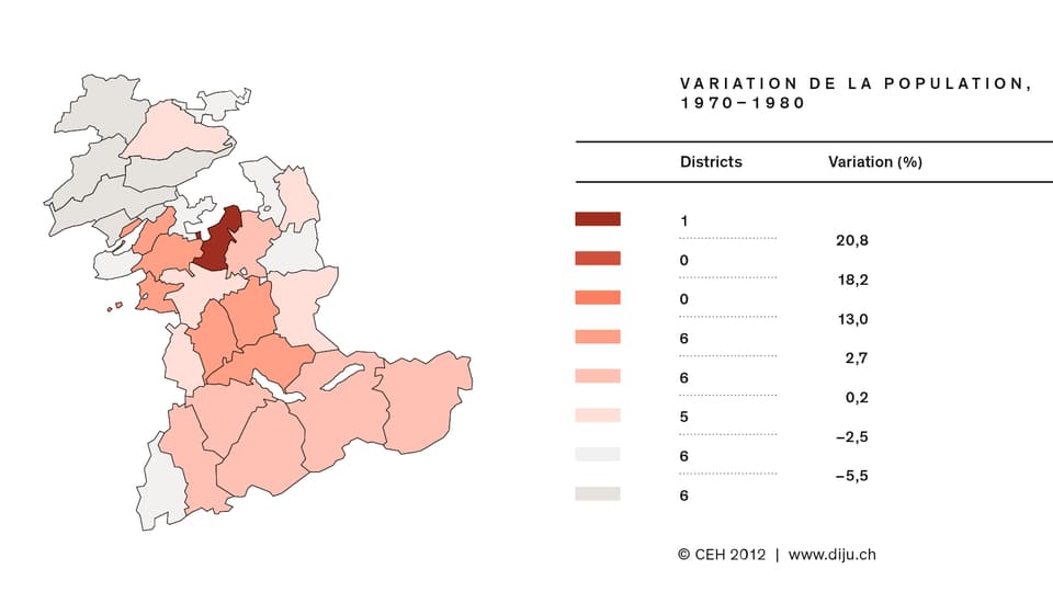 Landkarte: Bevölkerungsentwicklung in Bern und im Jura: Wachstum fast überall, Abnahme im Jura.