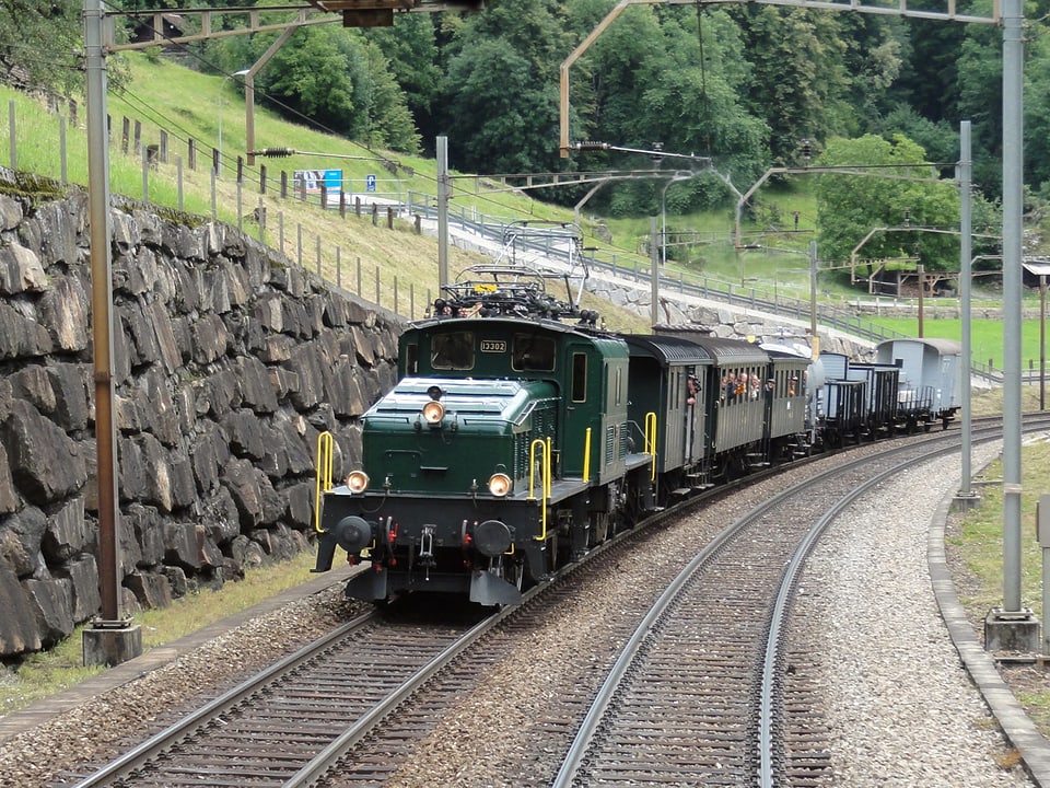 Eine grüne Lokomotive fährt, umrandet von Wald und Wiese, durch die Landschaft.