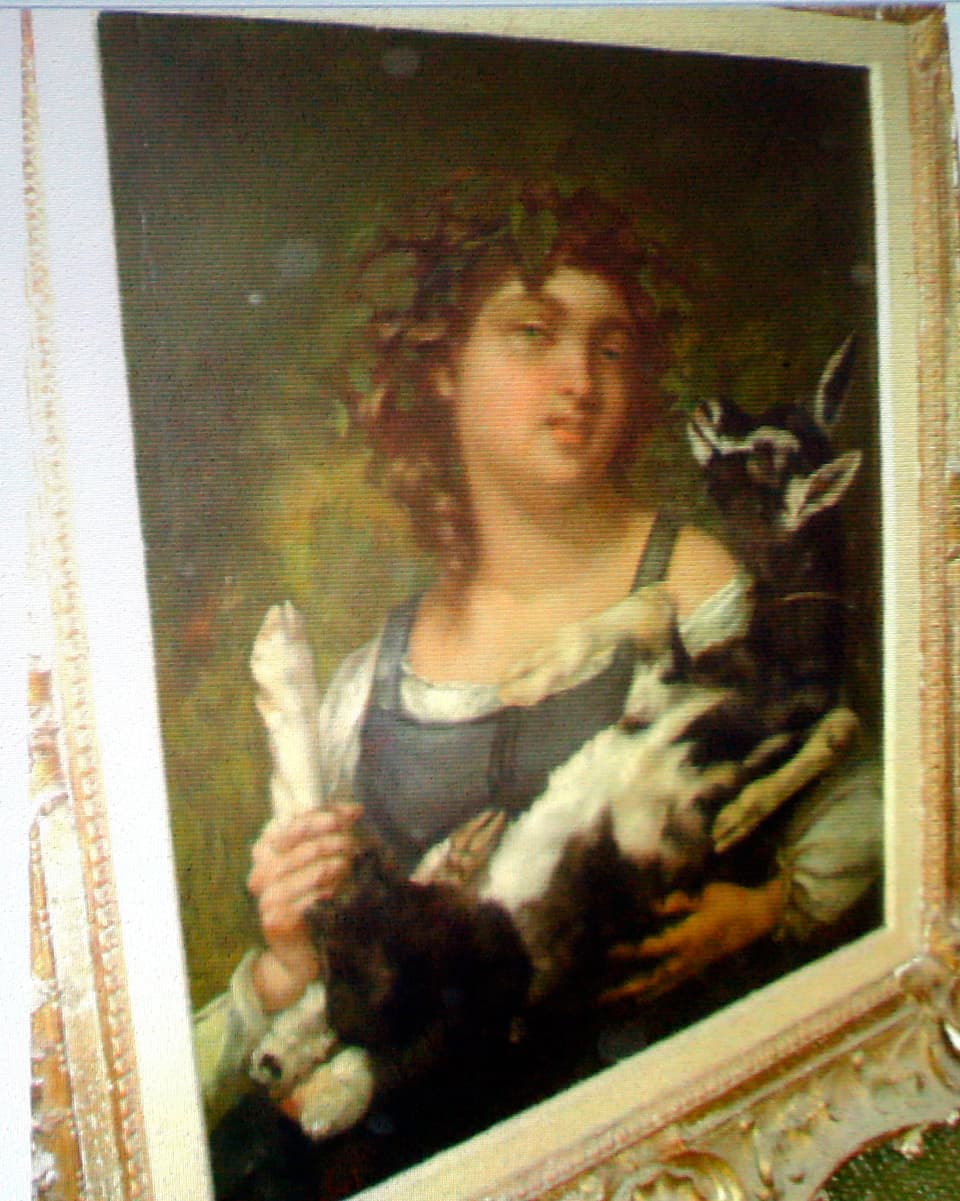 Ein Gemälde mit einem Mädchen und einer Ziege.