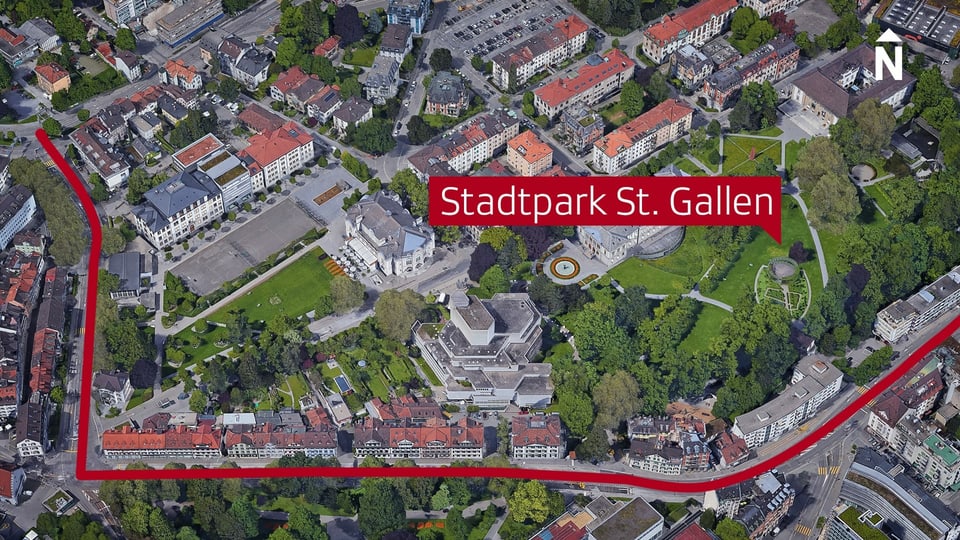 Luftbild vom Stadtpark St. Gallen. Die Rorschacherstrasse im Süden rot eingefärbt