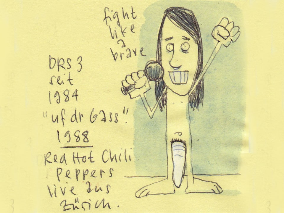 Zu sehen ist ein gezeichneter Red Hot Chili Peppers Sänger Anthony Kiedis. Er hält ein Mikrofon und reckt die Faust. Er trägt nichts ausser einem Socken über seinem Gemächt.