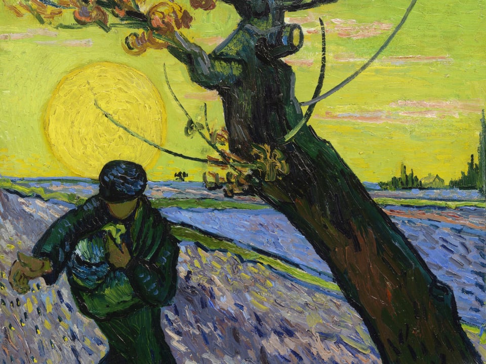 Bild, das einen Mann beim Säen zeigt. Neben ihm ist ein dicker Baumstamm zu sehen, im Hintergrund eine grosse Sonne. 