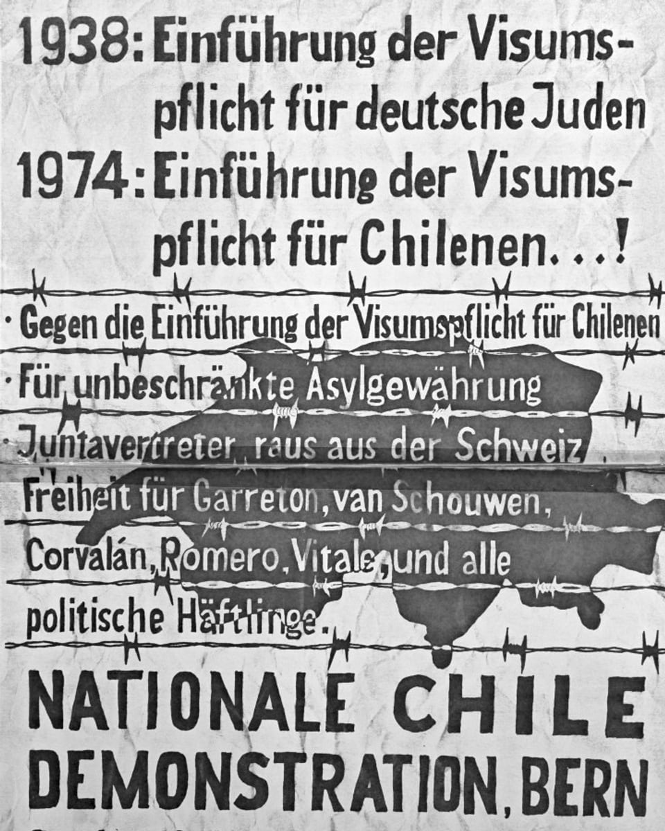 Zeitdokument: Ausschnitt Plakat, das zur "Nationale Chile Demontration, Bern" aufruft. 