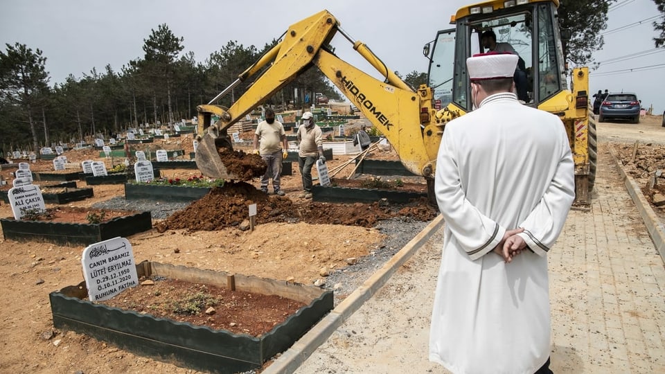 Friedhof mit Imam und Bagger, der ein Grab aushebt.