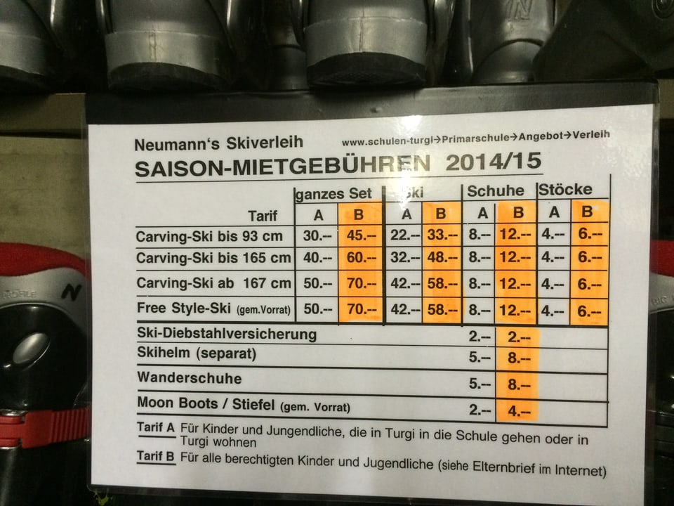 Schild mit den Saison-Mietgebühren 2014/2015.