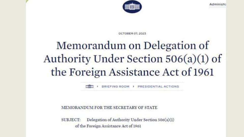 dunkelblaue Schrift auf weissem Grund: «Memorandum on Delegation of Authority Under SEction 506(a)(1)