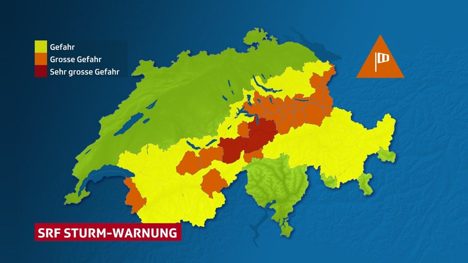 Warnkarte mit eingefärbten Alpenregionen wegen Föhnsturm