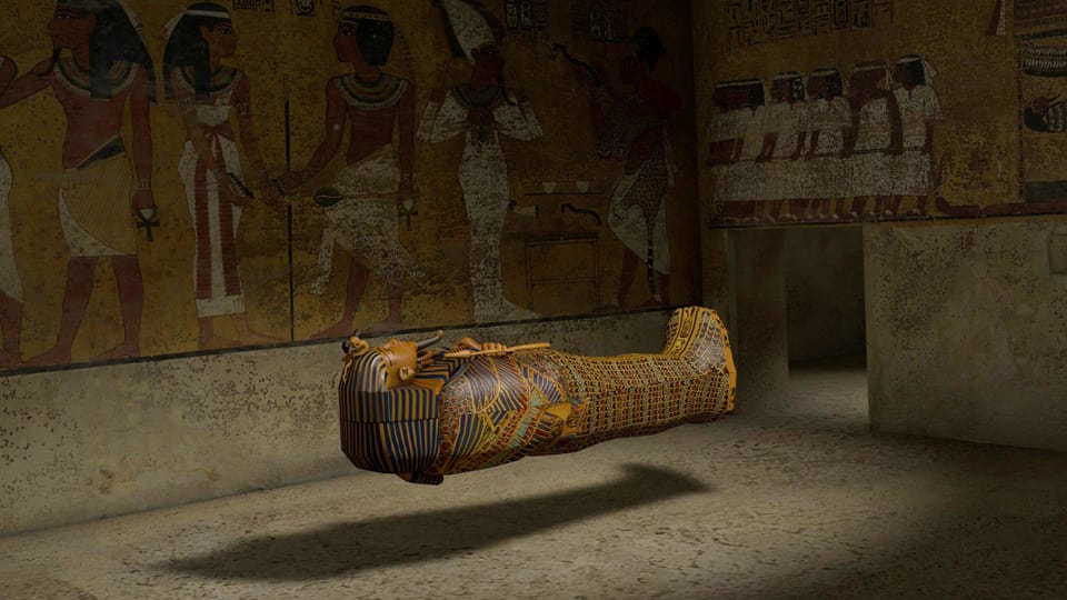 Ein Sarkopharg schwebt in einem Raum mit ägyptischen Wandmalereien.