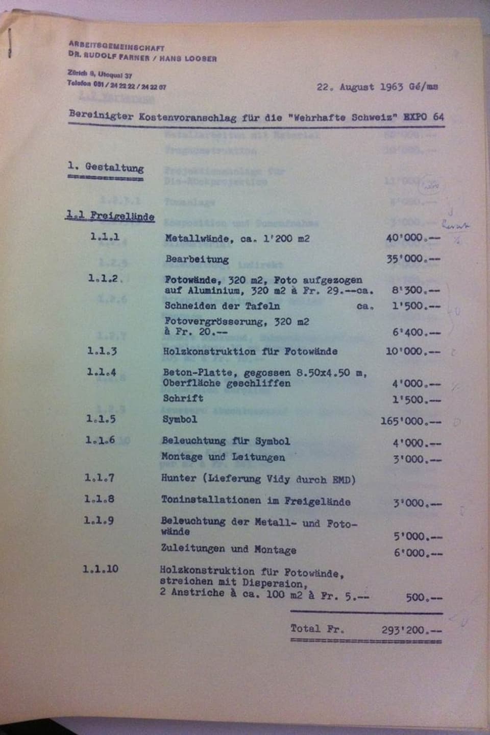 Eine Auflistung der Filmkosten aus dem Jahr 1963.