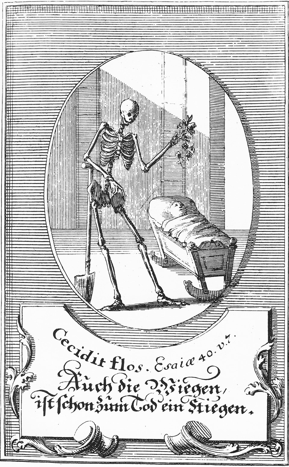 Eine schwarz-weisse Zeichnung zeigt ein Skelett, das sich auf eine Schaufel stützt und an einer Wiege steht, in dem ein kleines Kind liegt.