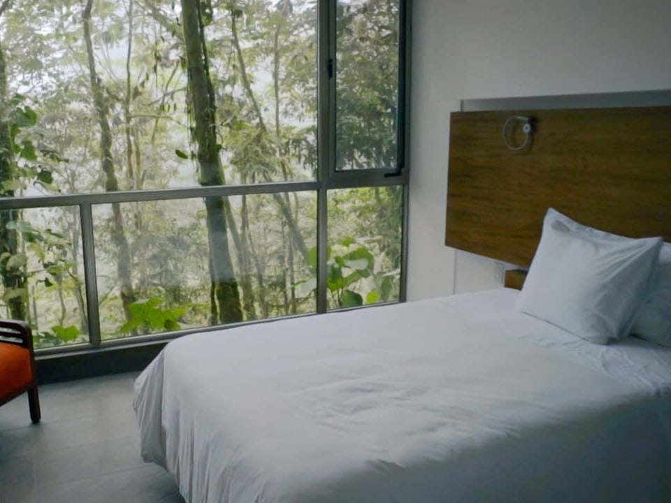Ein Schlafzimmer, mit einer Glasfront die den Jungle zeigt.