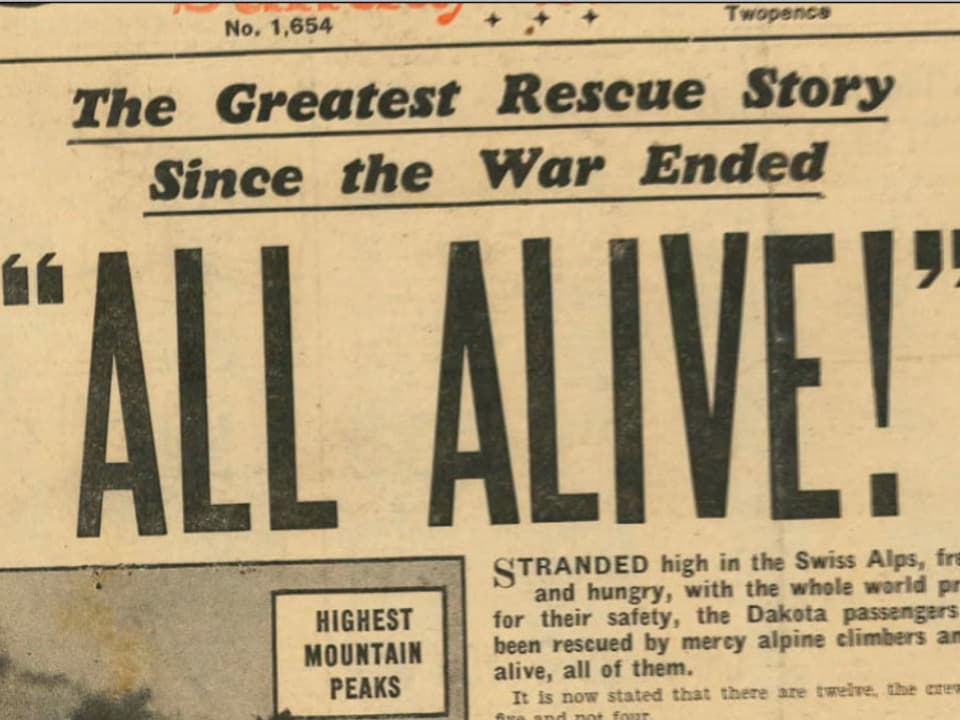 Schlagzeile auf einer vergilbten Zeitung: All alive! (Alle am Leben.)