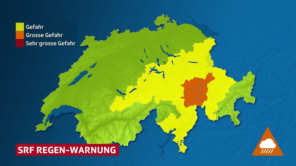 Schweizerkarte mit hervorgehobenen Warnregionen