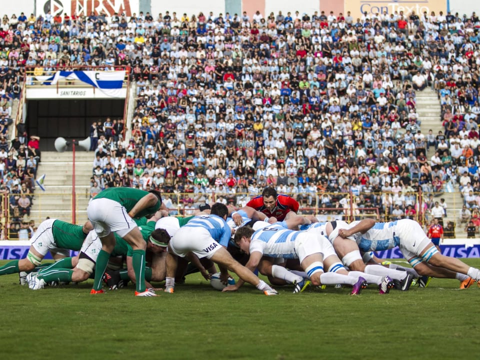 Das irische gegen das argentinische Nationalteam beim Versuch, das Ei via «Scrum» für sich zu gewinnen. 