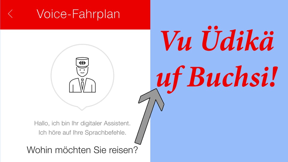 Screenshot der SBB-Preview-App mit dem neuen Voice-Fahrplan. Darauf Schrift "Vu üUdikä uf Buchsi!"