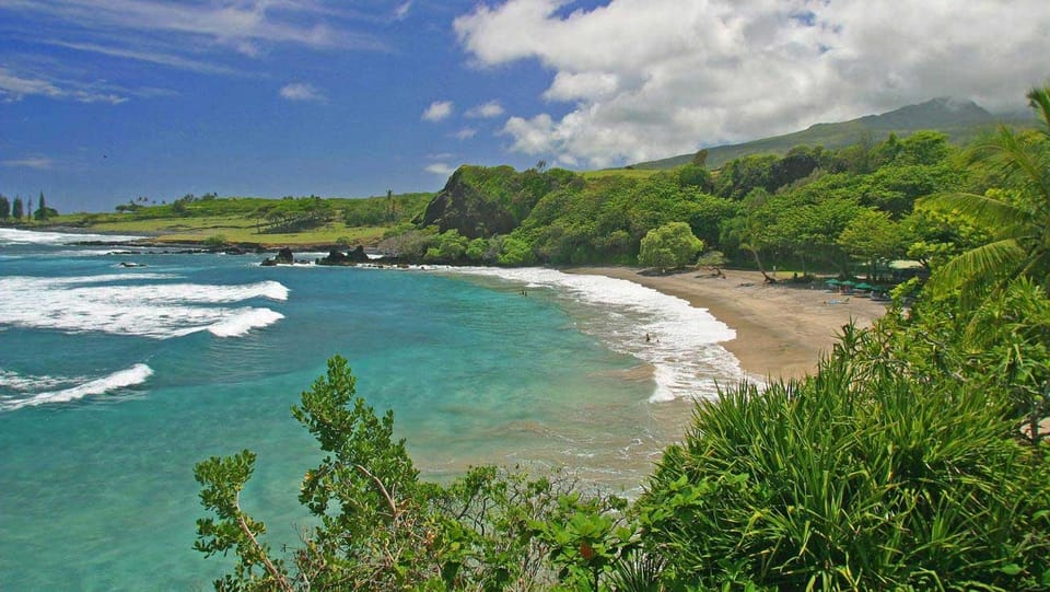 Hamoa Beach auf Maui. Blaues Wasser und Palmen.