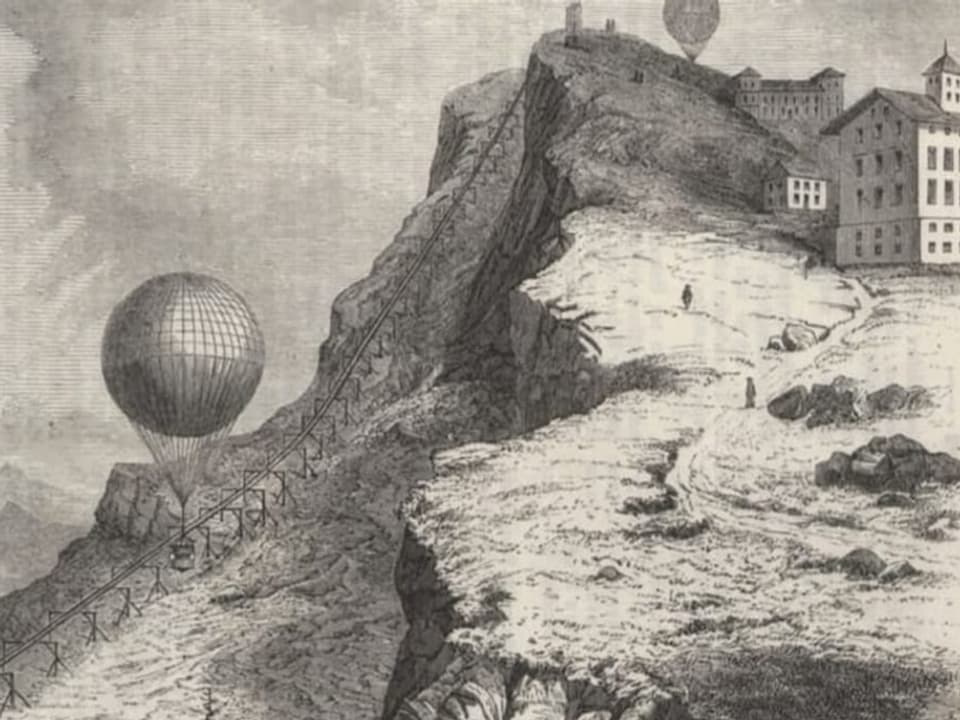 Grafik von 1859, auf der Seilbahnkabinen per Luftballon auf dei Rigi transportiert werden.
