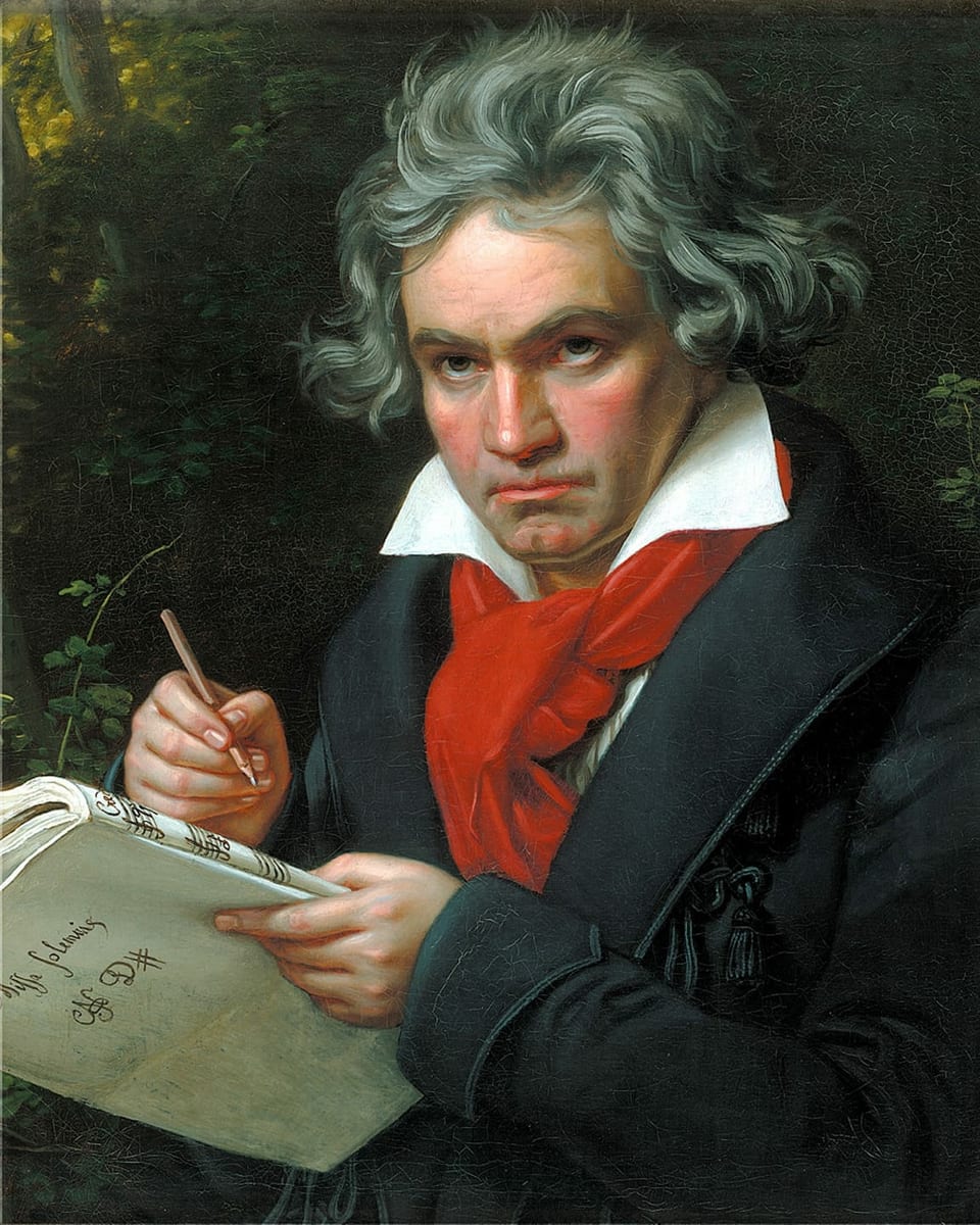 Das Portrait zeigt Ludwig van Beethoven in mittlerem Alter. Er trägt einen schwarzen Gehrock, ein weisses Hemd und einen leuchtend roten Schal. In der linken Hand hält er ein Notenheft. Auf der Rückseite dieses Notenhefts steht in schöner Schreibschrift geschrieben: «Missa Solemnis». Die Vorderseite des Notenheftes zeigt Notenlinien und den Anfang des Wortes: «Credo». In der rechten Hand hält Beethoven einen Stift.