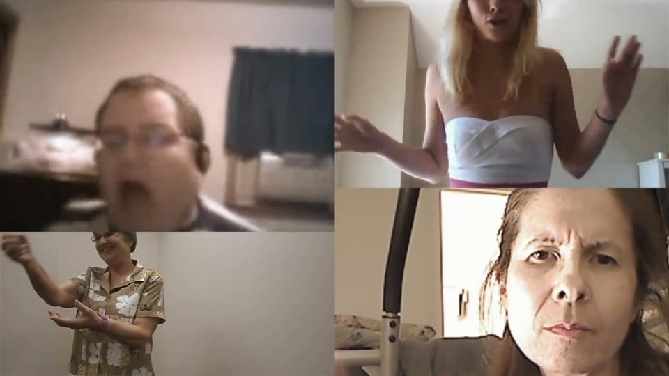 Vier Screenshots von Webcam-Videos auf Youtube. Ein Mann singt, eine Frau rülpst, eine andere lacht und eine dritte runzelt die Stirn.