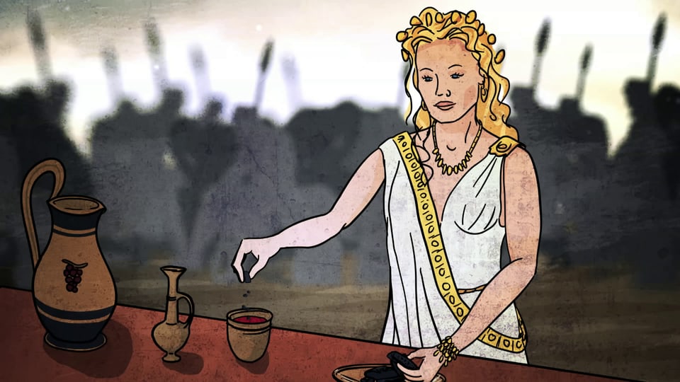 Es ist ein gezeichnetes Bild. Die griechische Göttin Helena mischt Opium in ein Weinglas. Neben dem Weinglas befinden sind zwei Gefässe auf dem Tisch. 