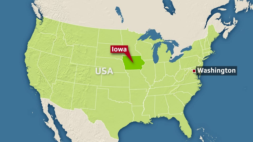 Karte der USA mit Iowa und Hauptstadt Washington markiert.