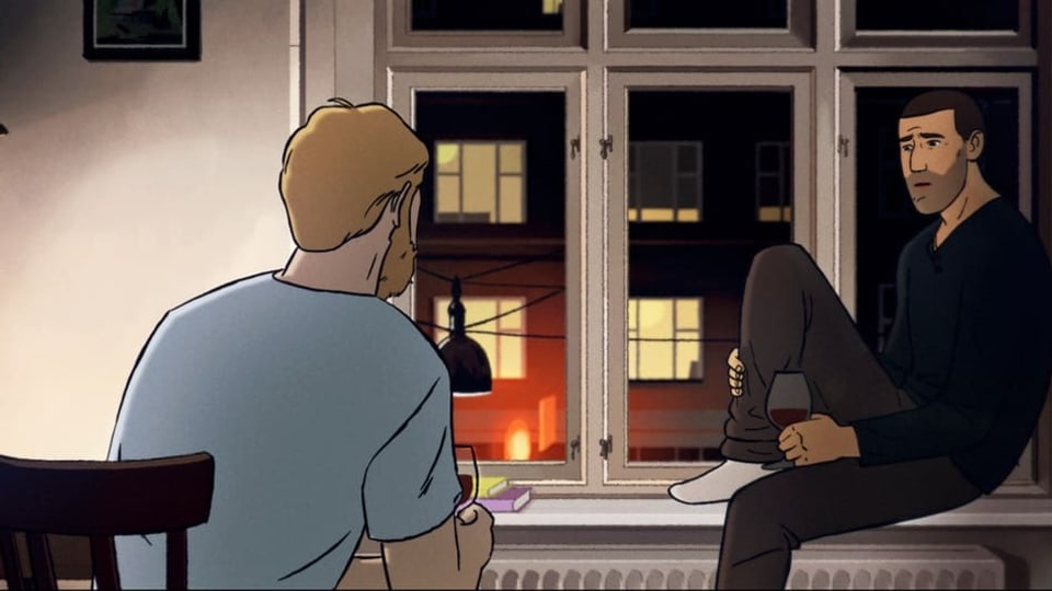 Gezeichnete Szene: Ein schwarzhaariger Mann sitzt auf einem Fenstersims und spricht mit einem blonden Mann vor ihm.