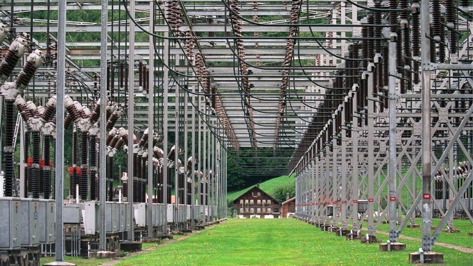 Stromleitungen auf einer grünen Wiese, dahinter ein altes Haus.